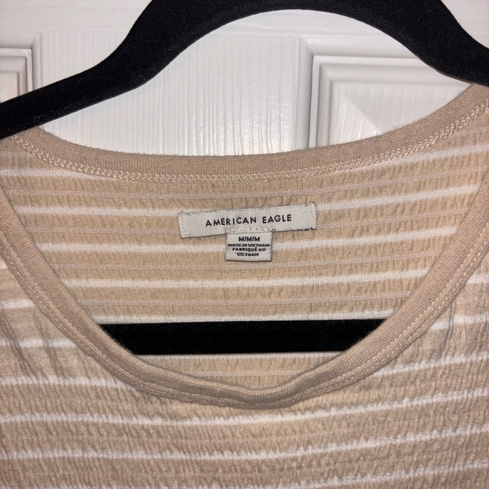 American Eagle Striped Short Sleeve Crop Top in Beige - Women's Casual Tee - Picture 3 of 4